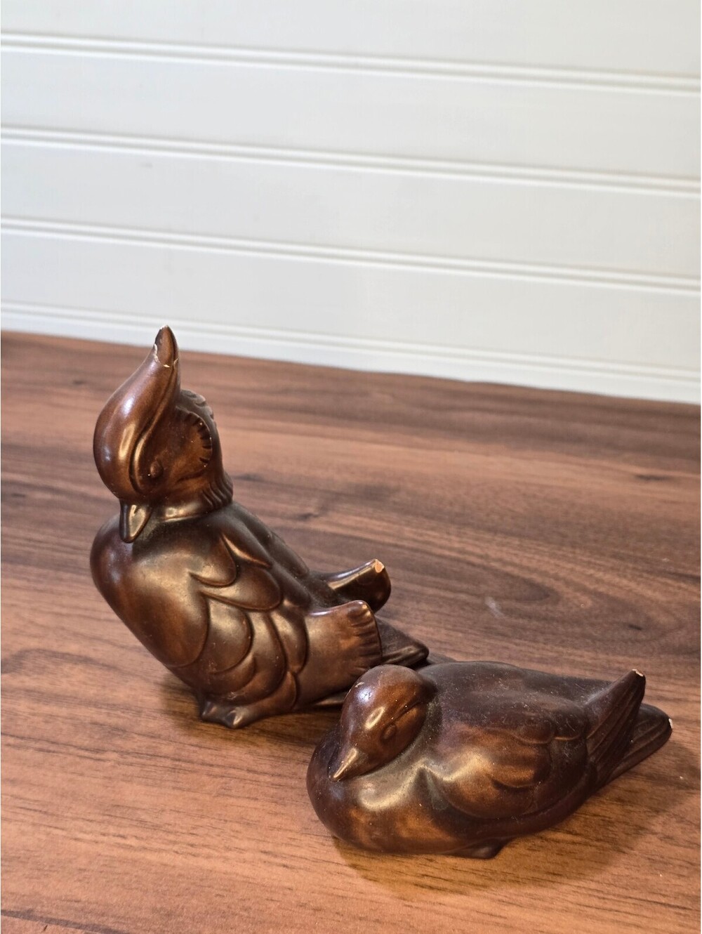 Pair of Brown Ceramic Bird Figurines Duck & Crested Bird Decor